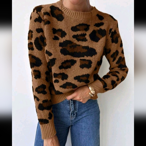Women Vintage Chic Leopard Print Oversized Loose Knit Sweater, Warm & Stylish - Picture 3 of 4